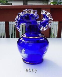 Fenton Art Glass Mary Gregory Cobalt Blue Vase Ruffle 10 Gold Band Hand Painted