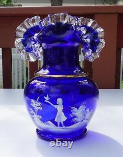 Fenton Art Glass Mary Gregory Cobalt Blue Vase Ruffle 10 Gold Band Hand Painted