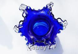 Fenton Art Glass Mary Gregory Cobalt Blue Vase Ruffle 10 Gold Band Hand Painted