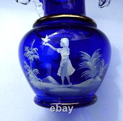 Fenton Art Glass Mary Gregory Cobalt Blue Vase Ruffle 10 Gold Band Hand Painted