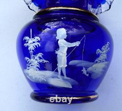 Fenton Art Glass Mary Gregory Cobalt Blue Vase Ruffle 10 Gold Band Hand Painted