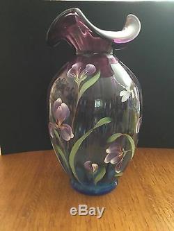 Fenton Art Glass Mulberry Iris Garden Connoisseur Collection Hand Painted Vase