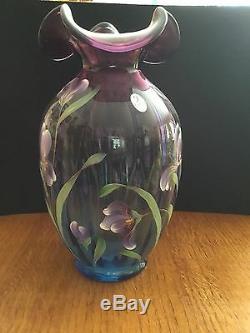 Fenton Art Glass Mulberry Iris Garden Connoisseur Collection Hand Painted Vase