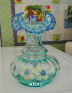 Fenton Art Glass Vase 1999 Qvc Aquamarine Rib Optic Cobalt Edge HP Floral