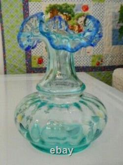 Fenton Art Glass Vase 1999 Qvc Aquamarine Rib Optic Cobalt Edge HP Floral