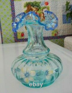 Fenton Art Glass Vase 1999 Qvc Aquamarine Rib Optic Cobalt Edge HP Floral