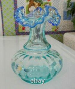 Fenton Art Glass Vase 1999 Qvc Aquamarine Rib Optic Cobalt Edge HP Floral