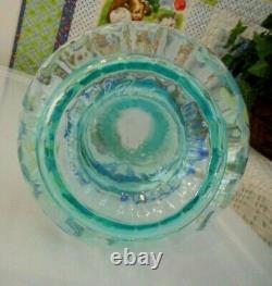 Fenton Art Glass Vase 1999 Qvc Aquamarine Rib Optic Cobalt Edge HP Floral
