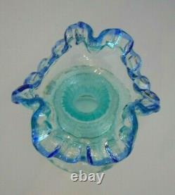 Fenton Art Glass Vase 1999 Qvc Aquamarine Rib Optic Cobalt Edge HP Floral