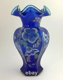 Fenton Art Glass Vase Cobalt Blue HP Morning Glories Signed Bill Fenton 1998