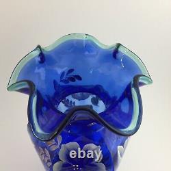 Fenton Art Glass Vase Cobalt Blue HP Morning Glories Signed Bill Fenton 1998