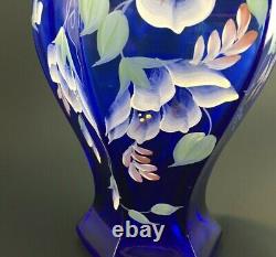 Fenton Art Glass Vase Cobalt Blue HP Morning Glories Signed Bill Fenton 1998
