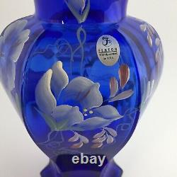 Fenton Art Glass Vase Cobalt Blue HP Morning Glories Signed Bill Fenton 1998