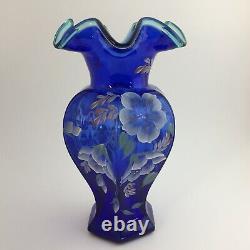 Fenton Art Glass Vase Cobalt Blue HP Morning Glories Signed Bill Fenton 1998