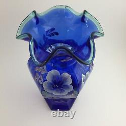 Fenton Art Glass Vase Cobalt Blue HP Morning Glories Signed Bill Fenton 1998