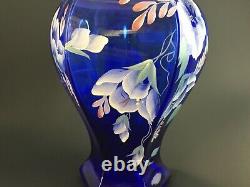 Fenton Art Glass Vase Cobalt Blue HP Morning Glories Signed Bill Fenton 1998