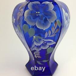 Fenton Art Glass Vase Cobalt Blue HP Morning Glories Signed Bill Fenton 1998