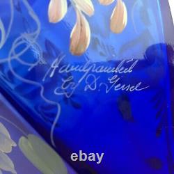 Fenton Art Glass Vase Cobalt Blue HP Morning Glories Signed Bill Fenton 1998