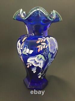 Fenton Art Glass Vase Cobalt Blue HP Morning Glories Signed Bill Fenton 1998