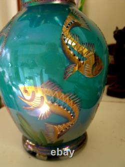 Fenton Art Glass Vase Designer Series Turquoise with Hand painted Gold & Fish