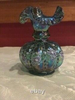 Fenton Art Glass green / blue iridescent Beaded Vase Flower Artist Signed 6