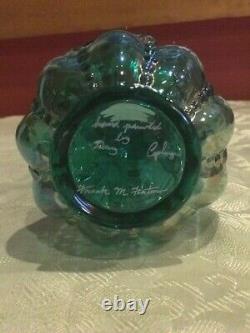Fenton Art Glass green / blue iridescent Beaded Vase Flower Artist Signed 6