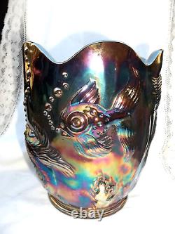 Fenton Atlantis Koi Fish Vase Carnival Glass Iridized Blue /plum /amethyst Multi