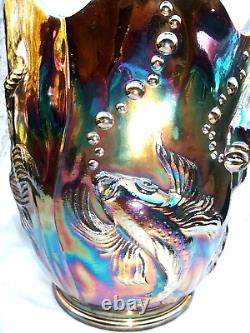 Fenton Atlantis Koi Fish Vase Carnival Glass Iridized Blue /plum /amethyst Multi