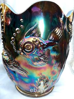 Fenton Atlantis Koi Fish Vase Carnival Glass Iridized Blue /plum /amethyst Multi