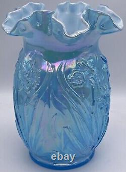 Fenton Blue Carnival Art Glass Opalescence 8 Ruffled Vase with Daffodils