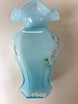 Fenton Blue Flowers Vase Shelley and George Fenton Signed S Hopkins Ruffle 8.5