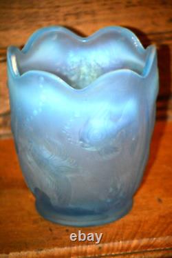 Fenton Blue Frosted Opalescent Atlantis Vase Koi Fish Vase Iridescent Inside