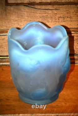 Fenton Blue Frosted Opalescent Atlantis Vase Koi Fish Vase Iridescent Inside