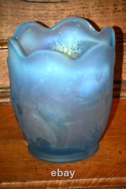 Fenton Blue Frosted Opalescent Atlantis Vase Koi Fish Vase Iridescent Inside