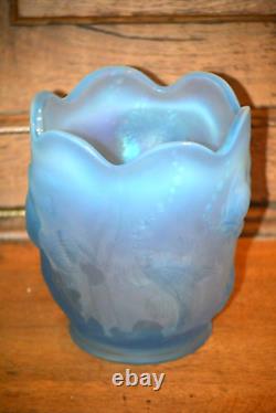 Fenton Blue Frosted Opalescent Atlantis Vase Koi Fish Vase Iridescent Inside