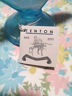 Fenton Blue Glass Vase Hand Painted Signed Fenton 90th 6