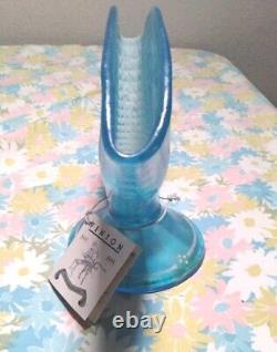 Fenton Blue Glass Vase Hand Painted Signed Fenton 90th 6