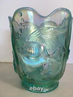Fenton Blue Green Iridescent Carnival Glass Atlantis Vase Koi Fish Design