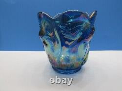 Fenton Blue Iridescent Carnival Glass Atlantis Vase Koi Fish Design