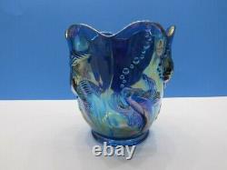 Fenton Blue Iridescent Carnival Glass Atlantis Vase Koi Fish Design