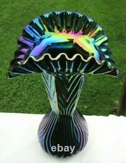 Fenton Blue Iridescent Carnival Glass Crimped Fan Vase 11.5T x 6.5W Beautiful