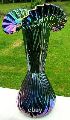 Fenton Blue Iridescent Carnival Glass Crimped Fan Vase 11.5T x 6.5W Beautiful
