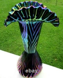 Fenton Blue Iridescent Carnival Glass Crimped Fan Vase 11.5T x 6.5W Beautiful