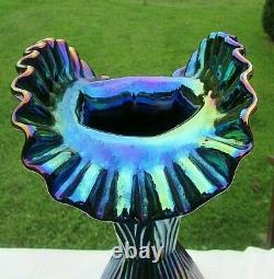 Fenton Blue Iridescent Carnival Glass Crimped Fan Vase 11.5T x 6.5W Beautiful