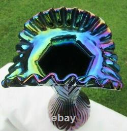 Fenton Blue Iridescent Carnival Glass Crimped Fan Vase 11.5T x 6.5W Beautiful