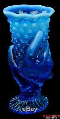 Fenton Blue Opalescent Glass Hobnail #389 Crimped Hand Cornacopia Crystal Vase