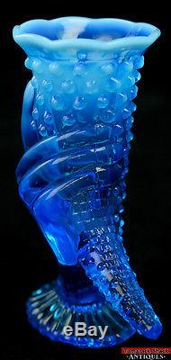 Fenton Blue Opalescent Glass Hobnail #389 Crimped Hand Cornacopia Crystal Vase