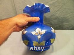 Fenton Blue Overlay Cased Glass Hand Painted Vase White Flowers 8 1/4 Tall