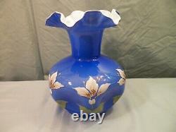 Fenton Blue Overlay Cased Glass Hand Painted Vase White Flowers 8 1/4 Tall