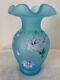 Fenton Blue Satin Glass Ruffle Vase Signed Hand painted Hummingbird and Orchids